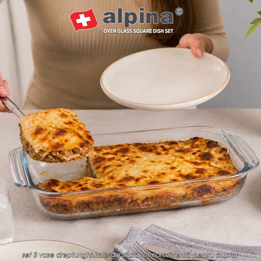 Alpina Oven Glass Square Dish Set – set 3 vase dreptunghiulare din sticlă termorezistentă pentru cuptor