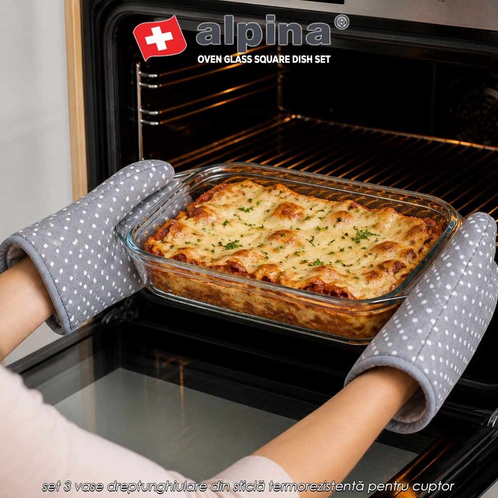 Alpina Oven Glass Square Dish Set – set 3 vase dreptunghiulare din sticlă termorezistentă pentru cuptor