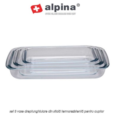 Alpina Oven Glass Square Dish Set – set 3 vase dreptunghiulare din sticlă termorezistentă pentru cuptor