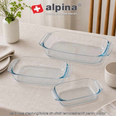 Alpina Oven Glass Square Dish Set – set 3 vase dreptunghiulare din sticlă termorezistentă pentru cuptor